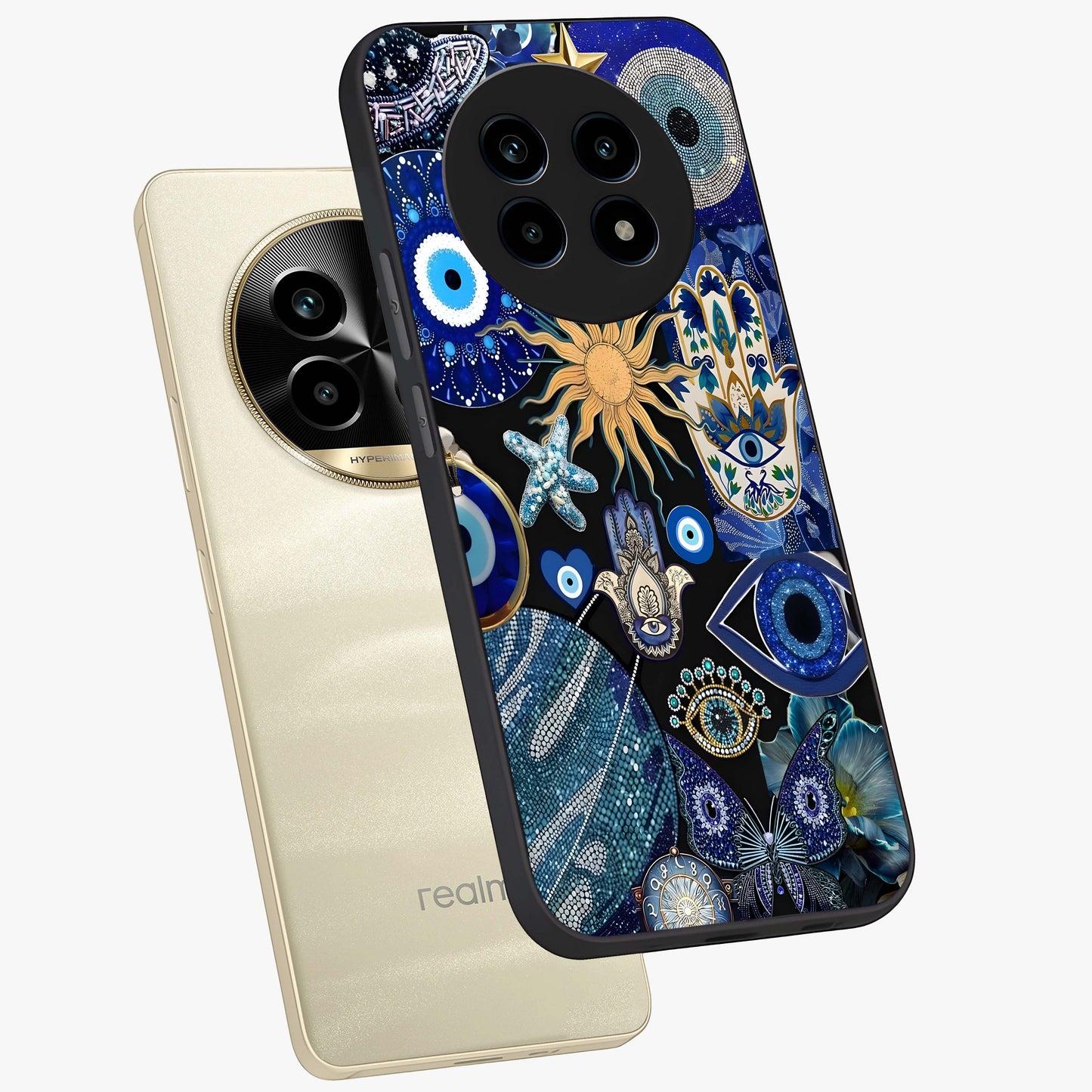 Evil Eye Charm Mix Glass Case displayed in angled mockup highlighting protective evil eye symbols with spiritual aesthetic design.