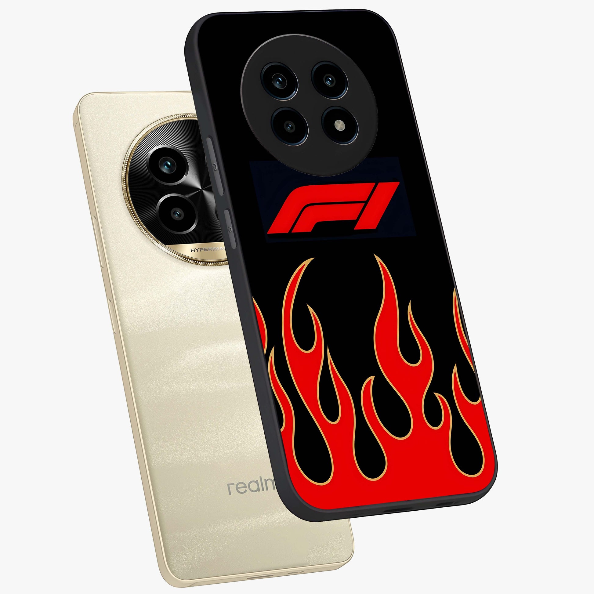 Fire F11 Glass Case displayed in angled mockup highlighting bold fire inspired graphic with energetic aesthetic style.
