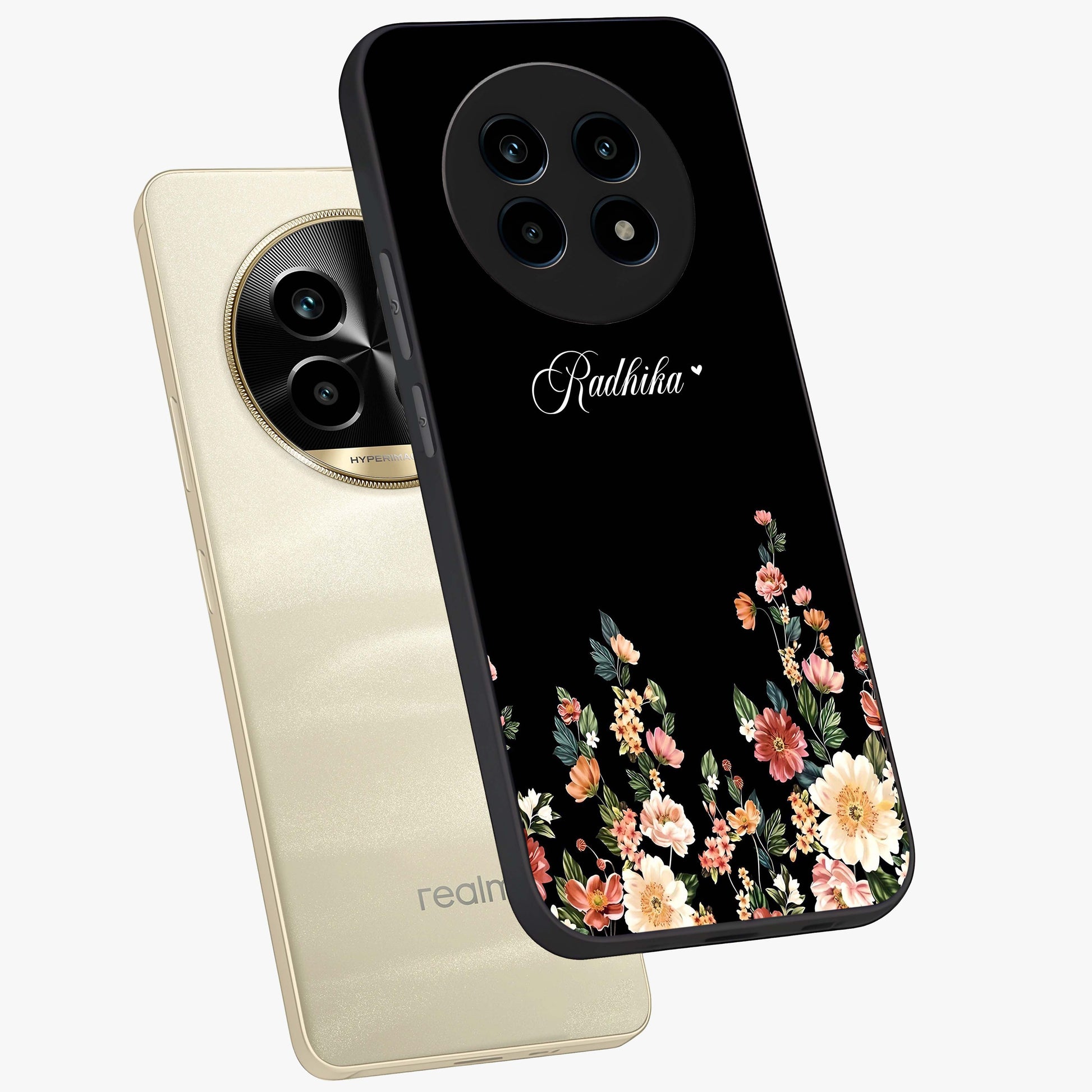 Floral Design With a Custom Personalized Name Glass Case displayed in angled mockup highlighting elegant floral pattern with custom name feature.