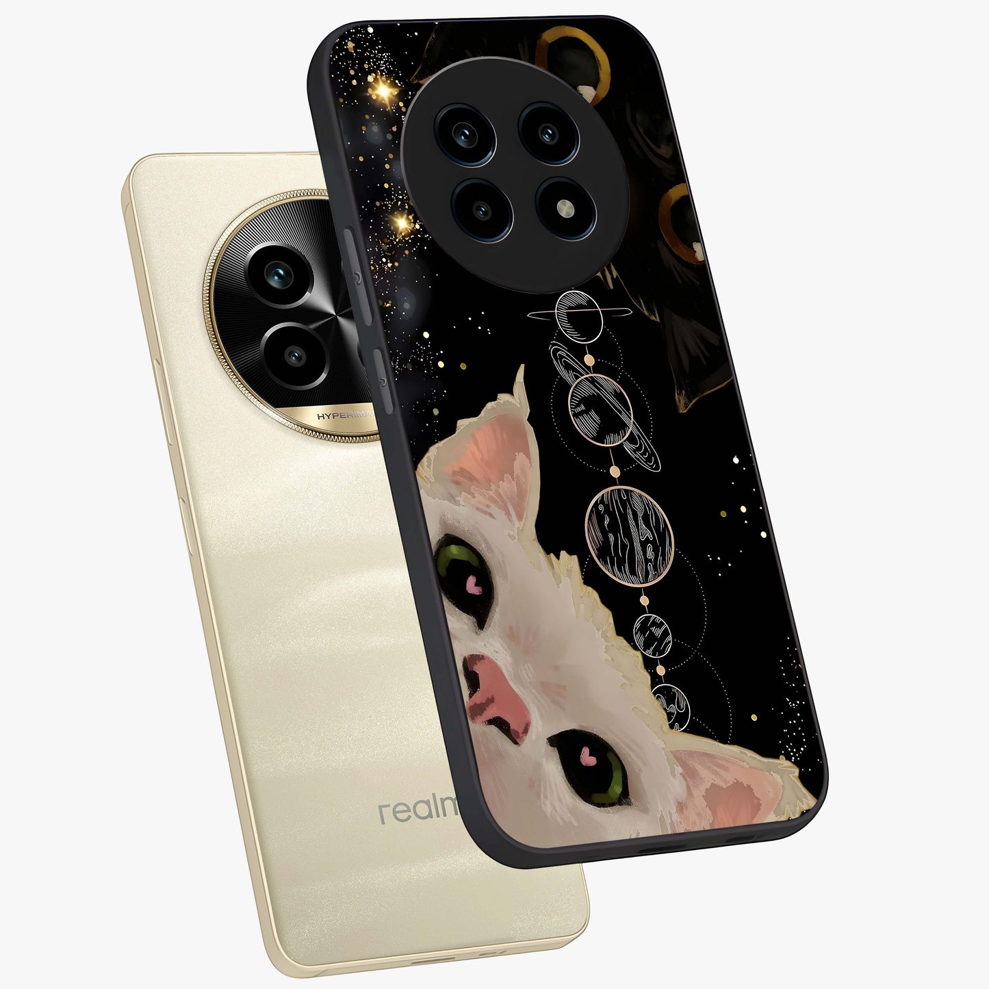 Galactic Cat Glass Case displayed in angled mockup highlighting celestial feline illustration with galaxy aesthetic style.