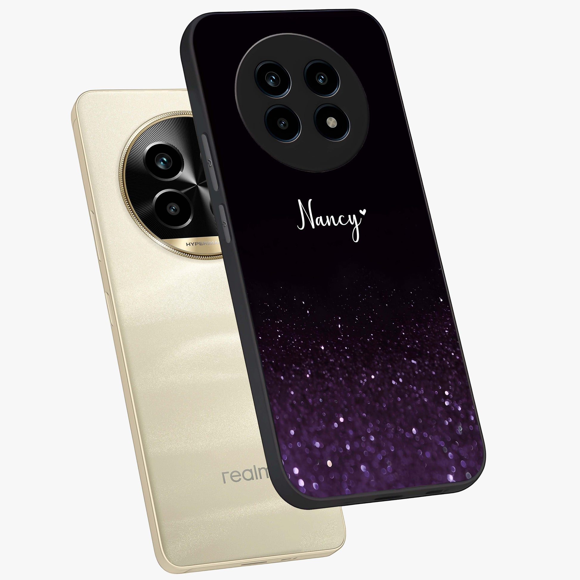 Glittery Purple Bokeh Custom Name Glass Case displayed in angled mockup highlighting glitter bokeh pattern with custom name feature.