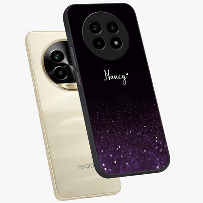 Glittery Purple Bokeh Custom Name Glass Case displayed in angled mockup highlighting glitter bokeh pattern with custom name feature.