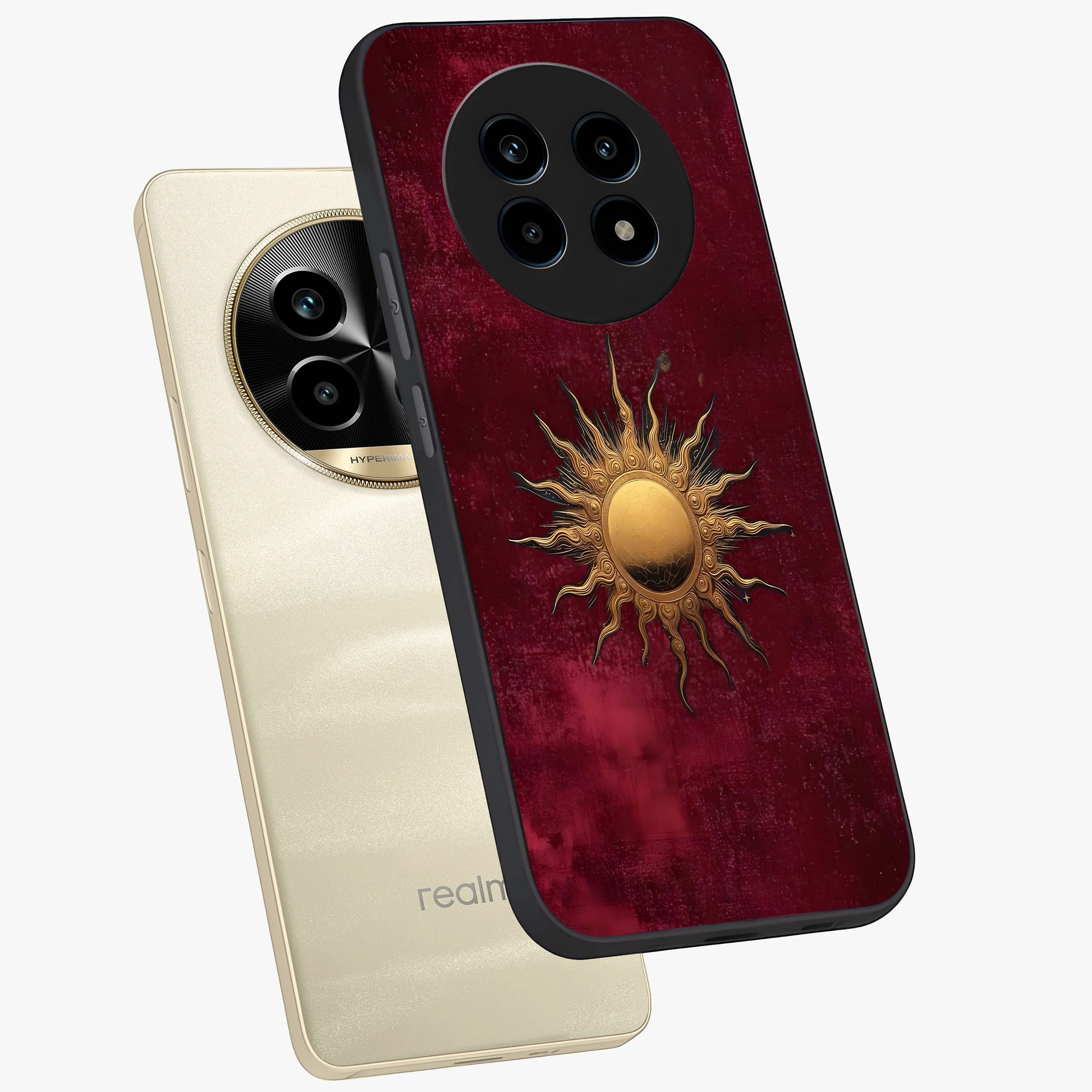 Golden Sun Minimalism Glass Case displayed in angled mockup highlighting clean sun symbol design with modern minimal aesthetic.