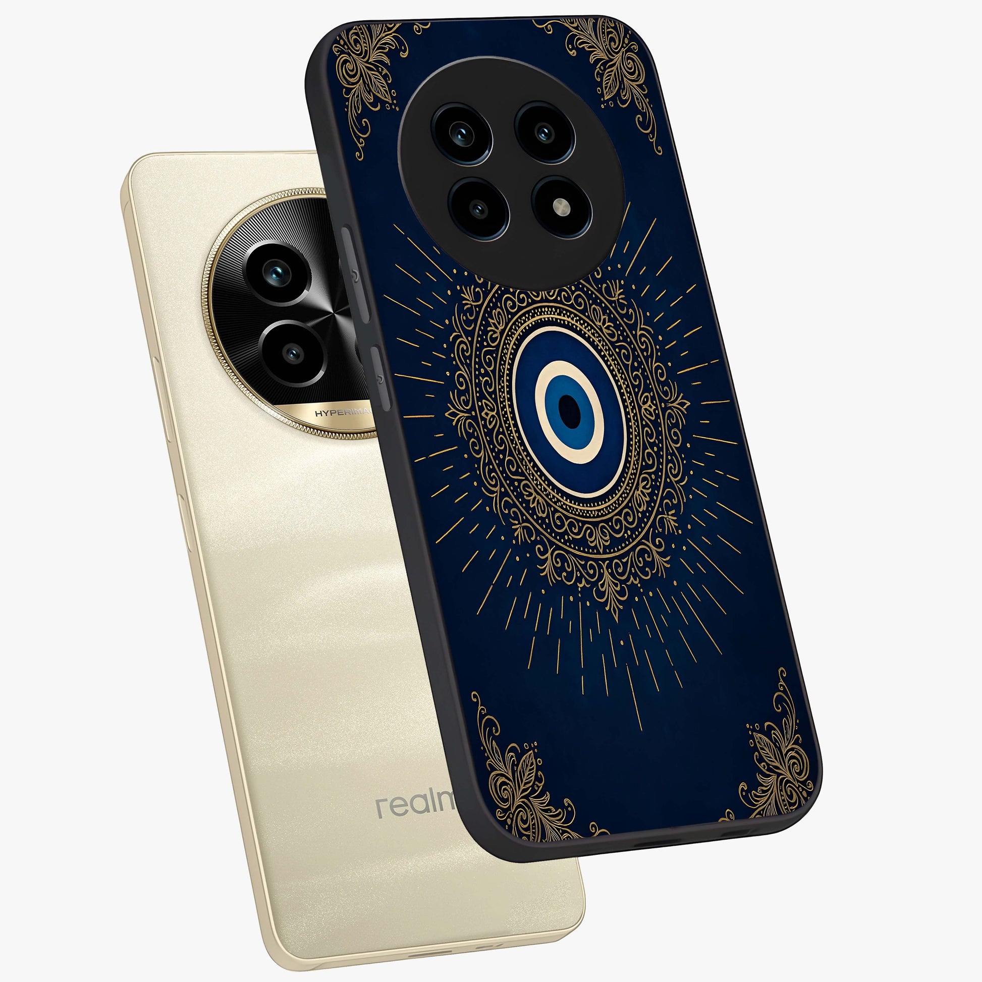 Golden Celestial Charm Glass Case displayed in angled mockup highlighting sparkling cosmic charm design with celestial aesthetic.