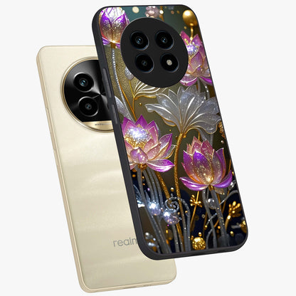 Golden Floral Majesty Glass Case displayed in angled mockup highlighting elegant flower design with royal golden aesthetic.