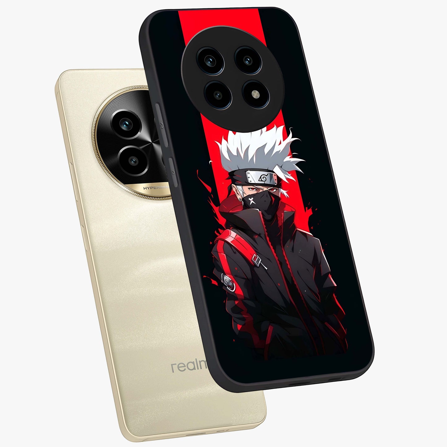 Kakashi Scarlet Shadow Glass Case displayed in angled mockup highlighting dramatic ninja illustration with scarlet themed aesthetic.