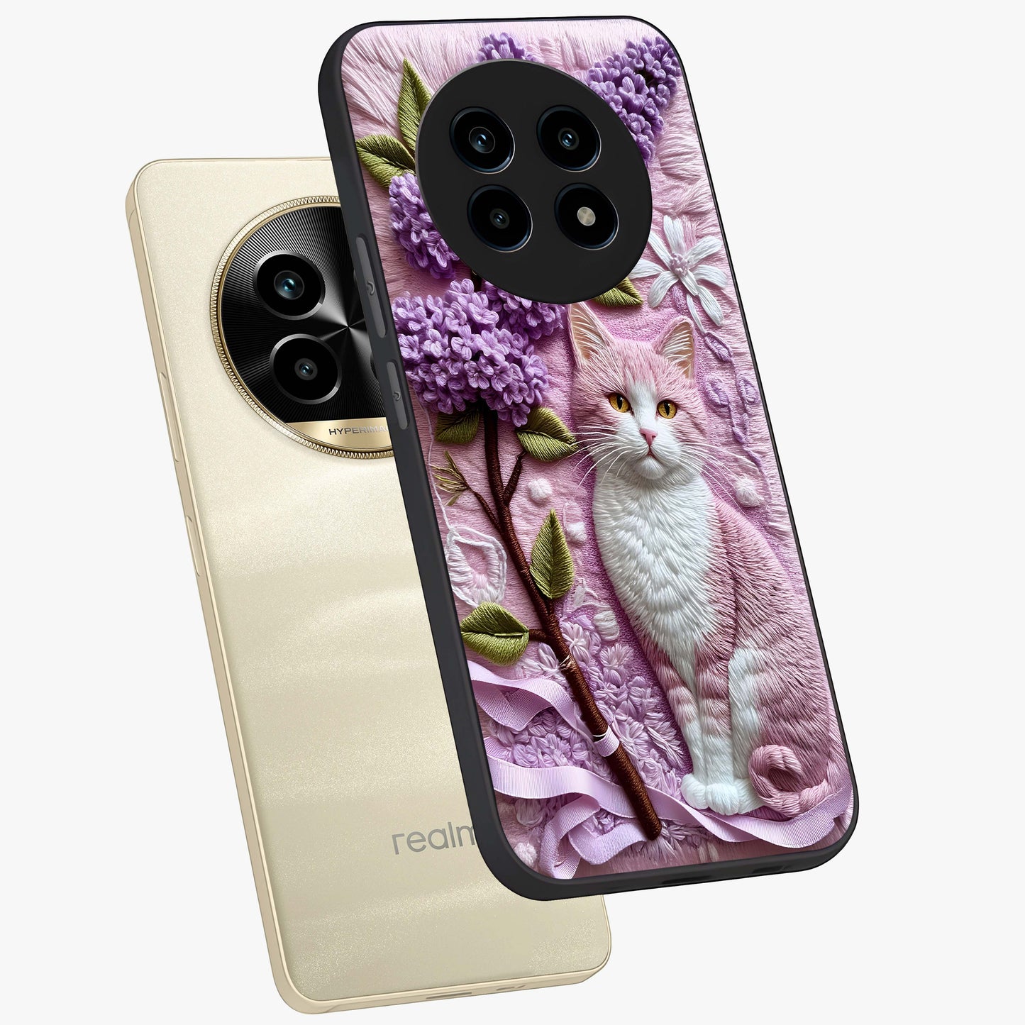 Lavender Cat Whimsy Glass Case displayed in angled mockup highlighting playful feline illustration with pastel lavender aesthetic.