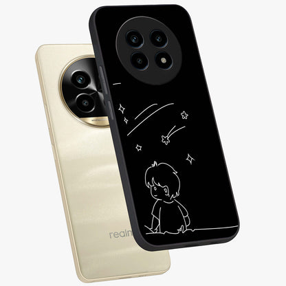 Line Art Boy With Shooting Stars Glass Case displayed in angled mockup highlighting elegant line art design with dreamy star aesthetic.