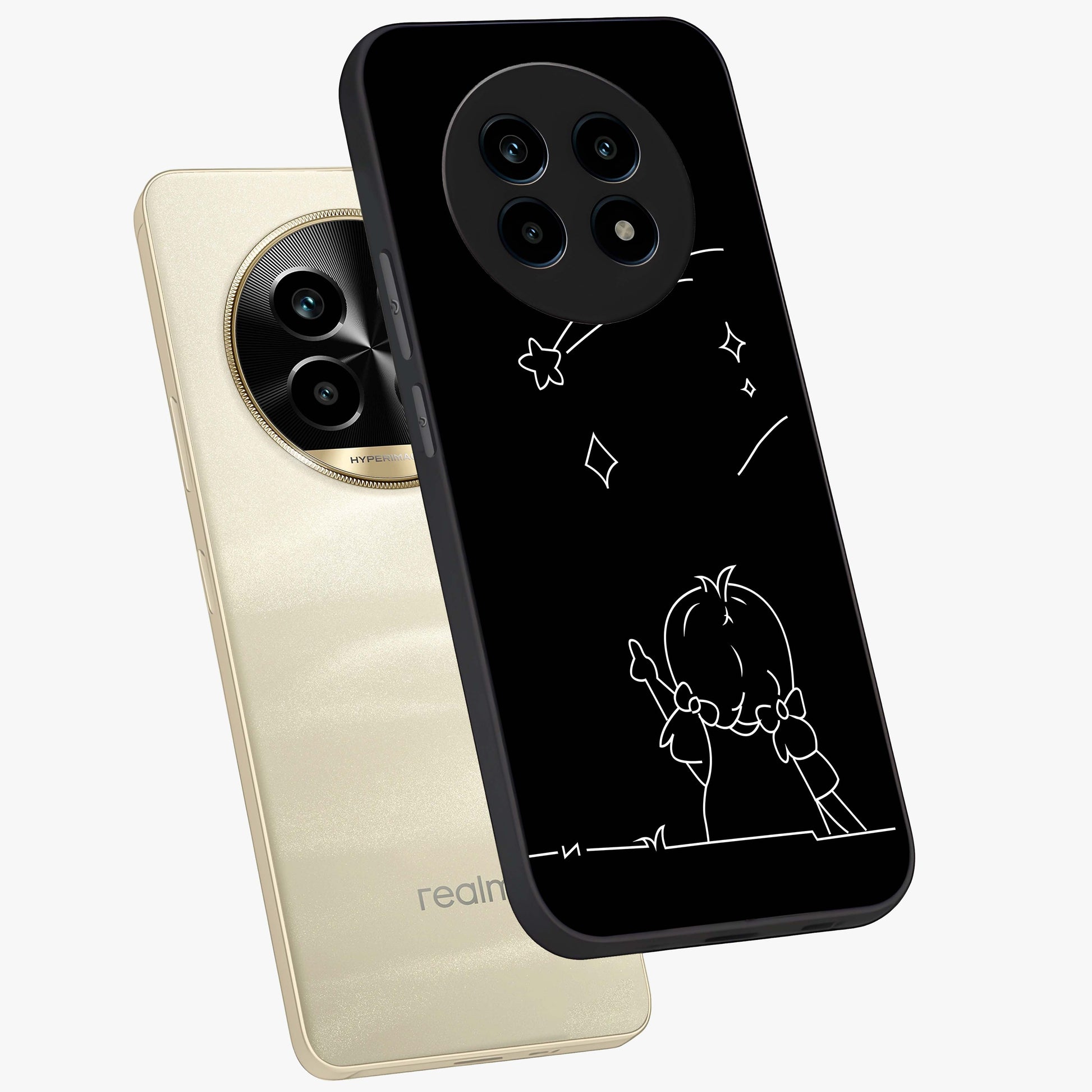Line Art Girl With Shooting Stars Glass Case displayed in angled mockup highlighting elegant line art design with dreamy star aesthetic.