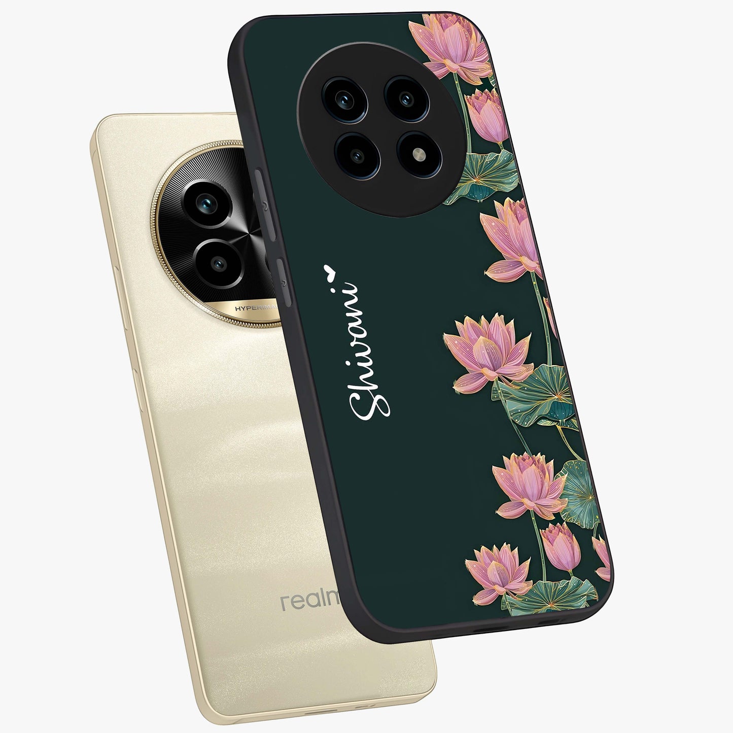 Lotus Bloom Serenity Custom Name Glass Case displayed in angled mockup highlighting graceful lotus illustration with custom name feature.