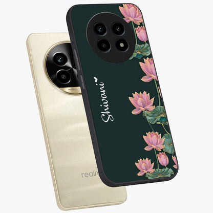 Lotus Bloom Serenity Custom Name Glass Case displayed in angled mockup highlighting graceful lotus illustration with custom name feature.