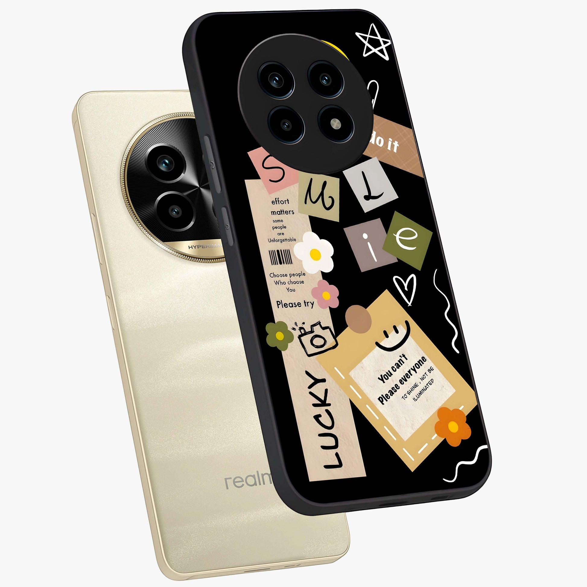 Lucky Aesthetic Collage Glass Case displayed in angled mockup highlighting stylish collage pattern with modern aesthetic vibe.