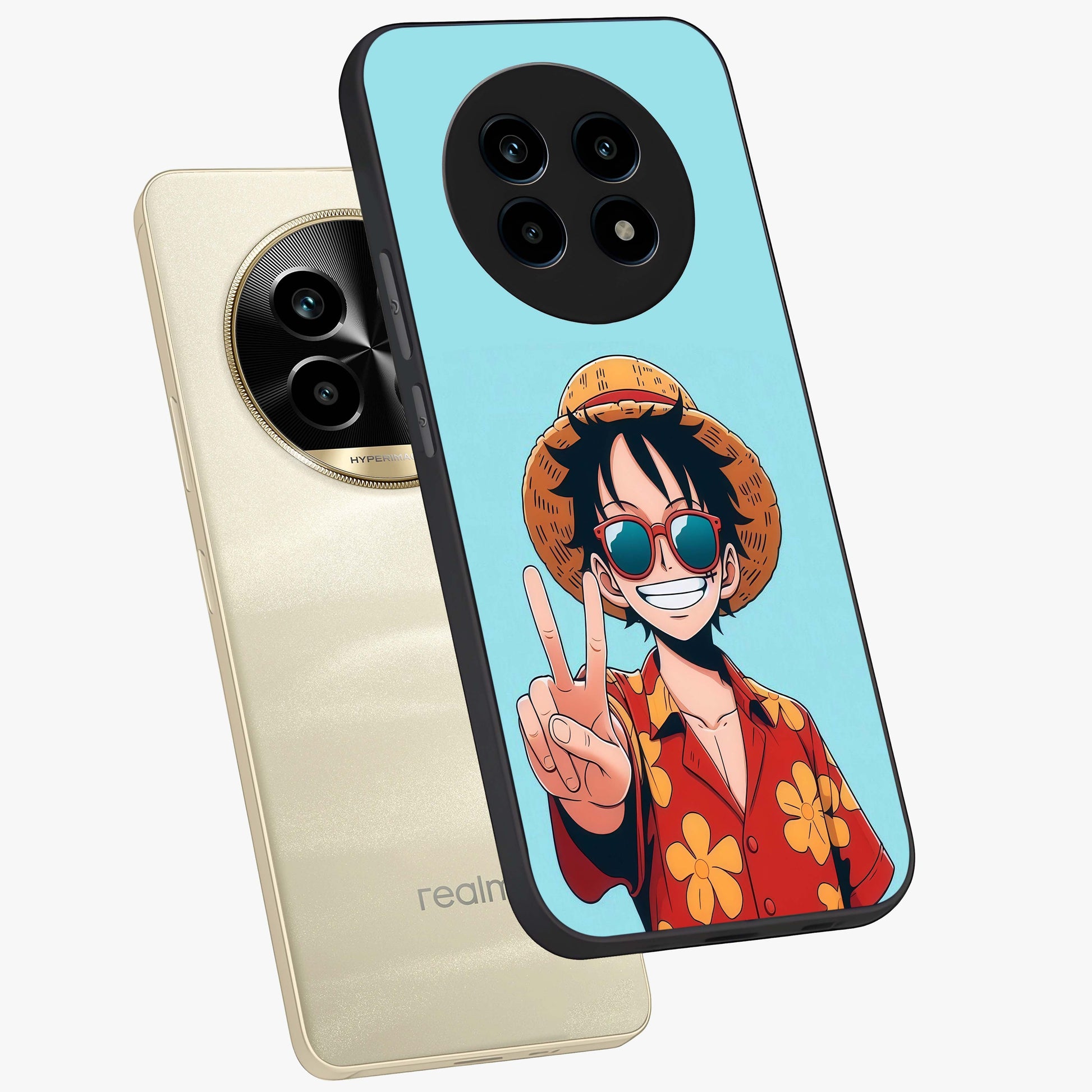 Luffy Summer Anime Vibe Glass Case displayed in angled mockup highlighting energetic anime illustration with summer vibe aesthetic.