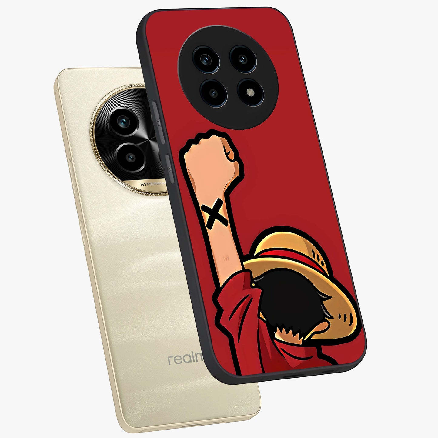 Luffy X Spirit Glass Case displayed in angled mockup highlighting powerful anime design with energetic action aesthetic.