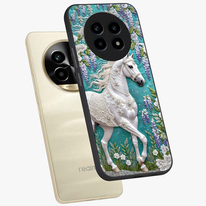 Majestic Floral Stallion Glass Case displayed in angled mockup highlighting majestic stallion illustration with elegant floral aesthetic.