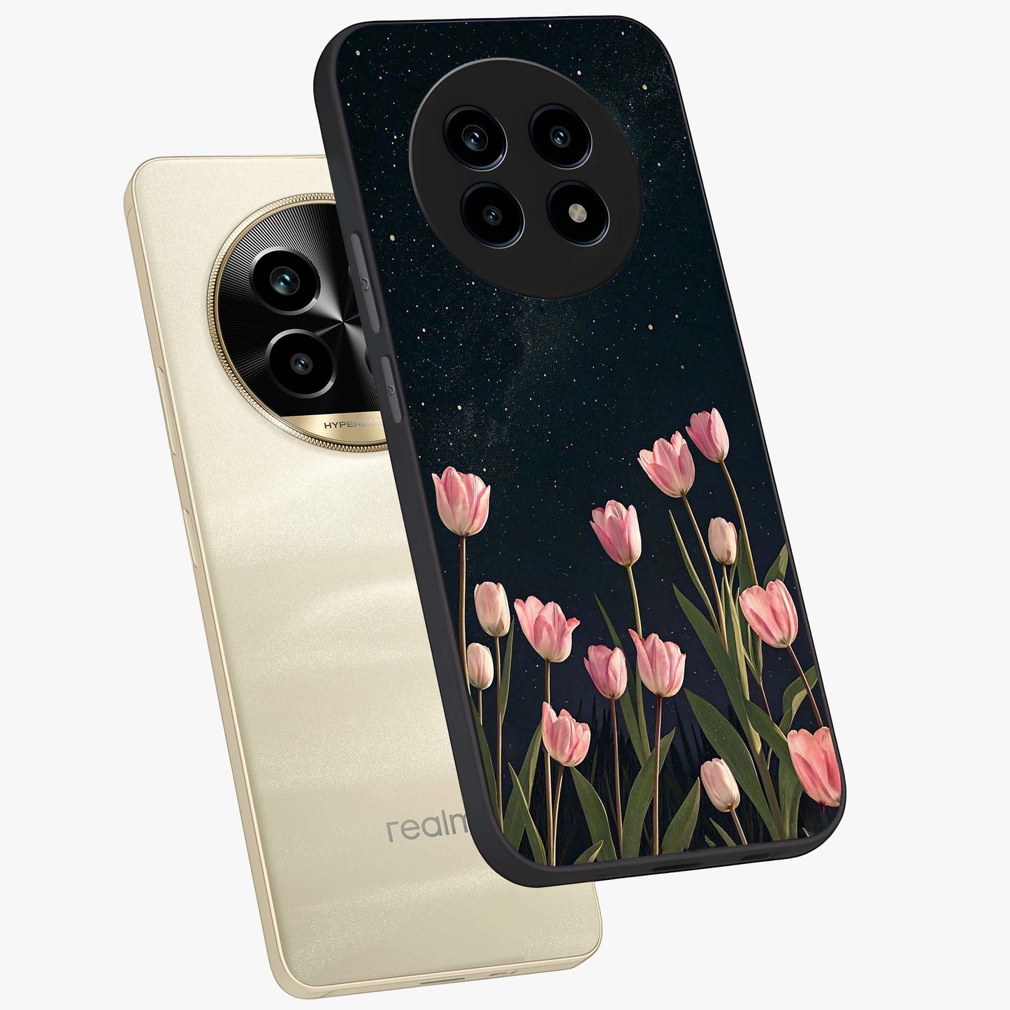 Midnight Tulip Whispers Vibe Glass Case displayed in angled mockup highlighting delicate tulip design with midnight floral aesthetic.