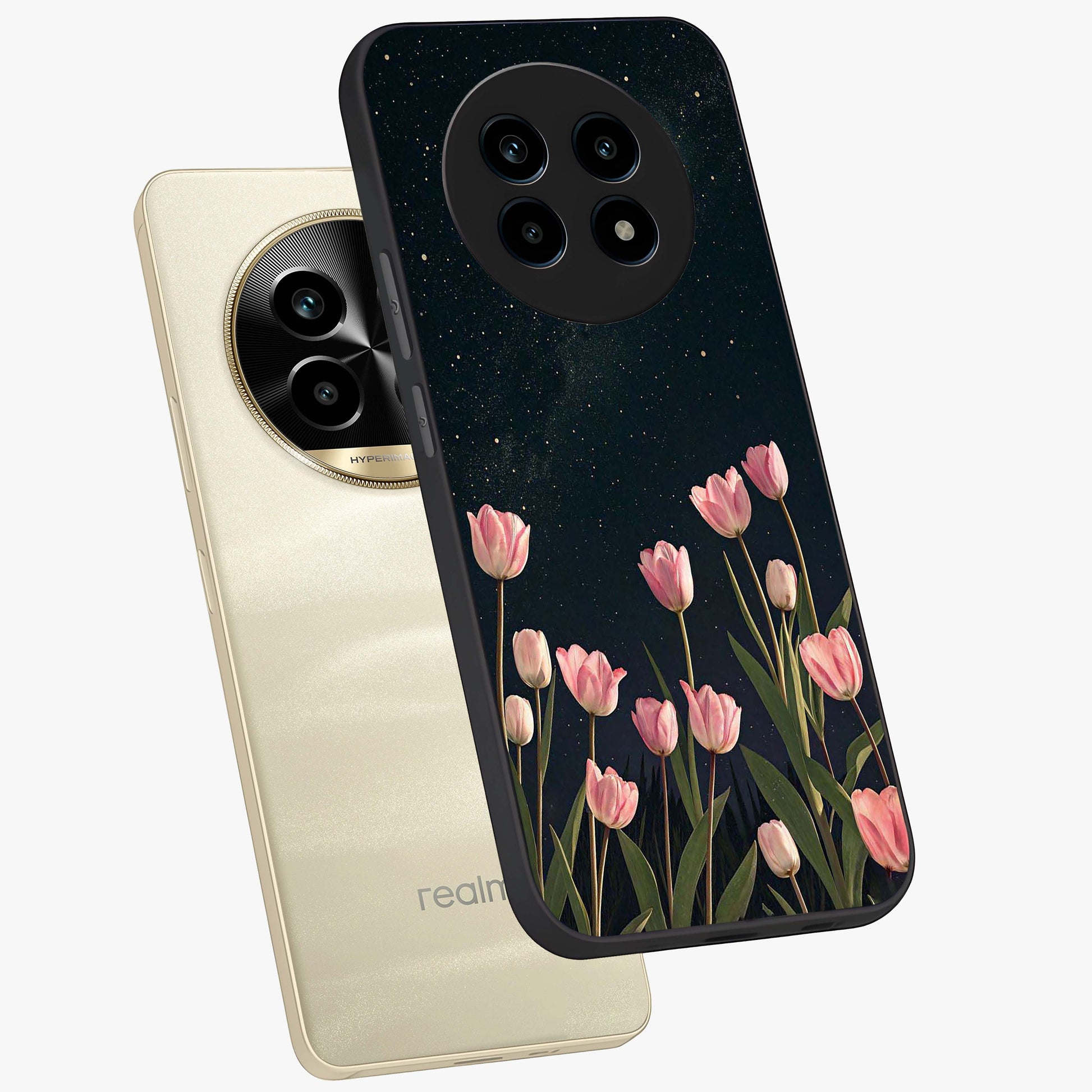 Midnight Tulip Whispers Vibe Glass Case displayed in angled mockup highlighting delicate tulip design with midnight floral aesthetic.