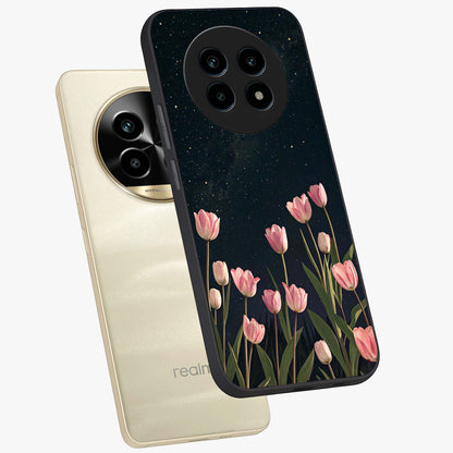 Midnight Tulip Whispers Vibe Glass Case displayed in angled mockup highlighting delicate tulip design with midnight floral aesthetic.