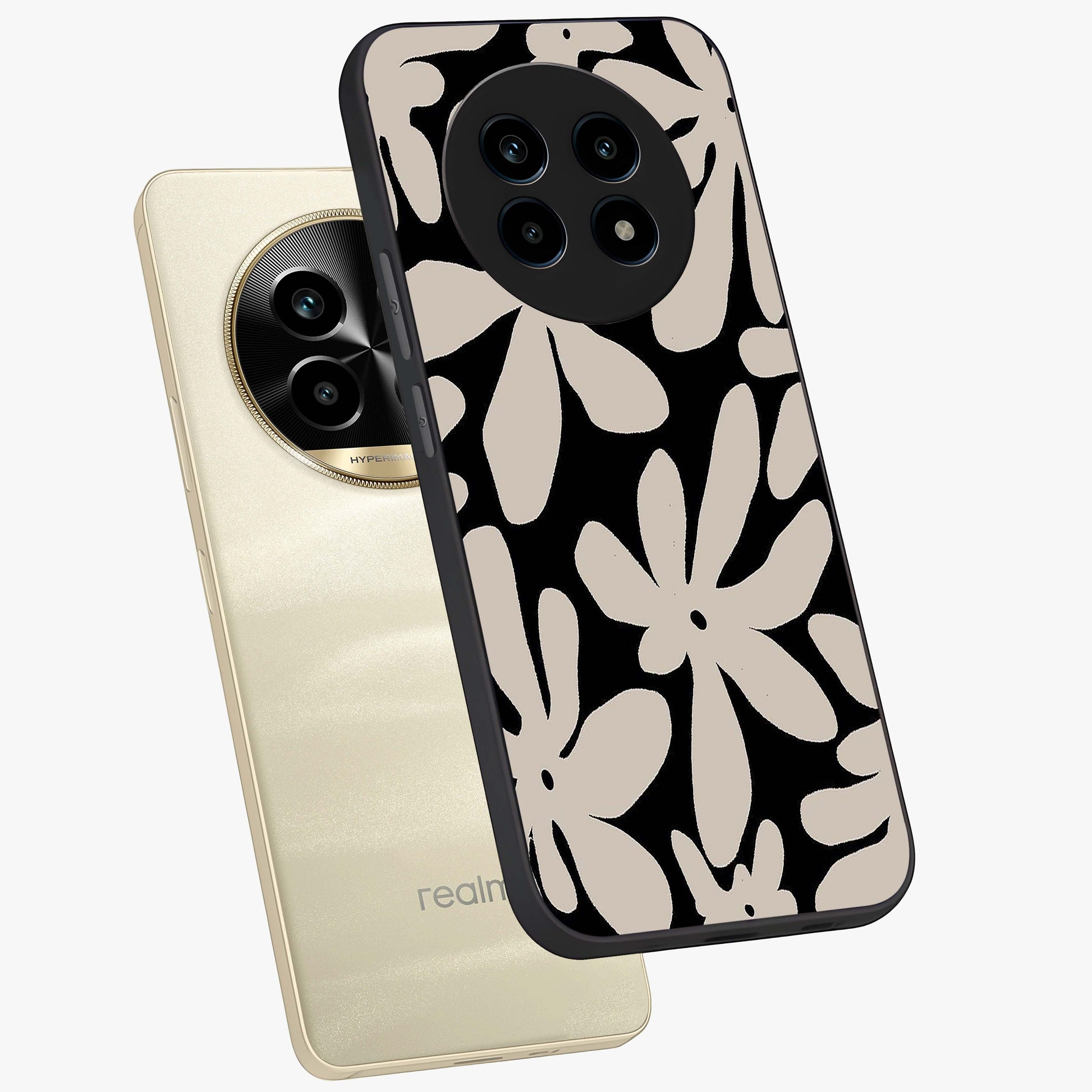 Monochrome Petal Dance Glass Case displayed in angled mockup highlighting elegant petal design with black and white aesthetic.