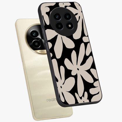 Monochrome Petal Dance Glass Case displayed in angled mockup highlighting elegant petal design with black and white aesthetic.