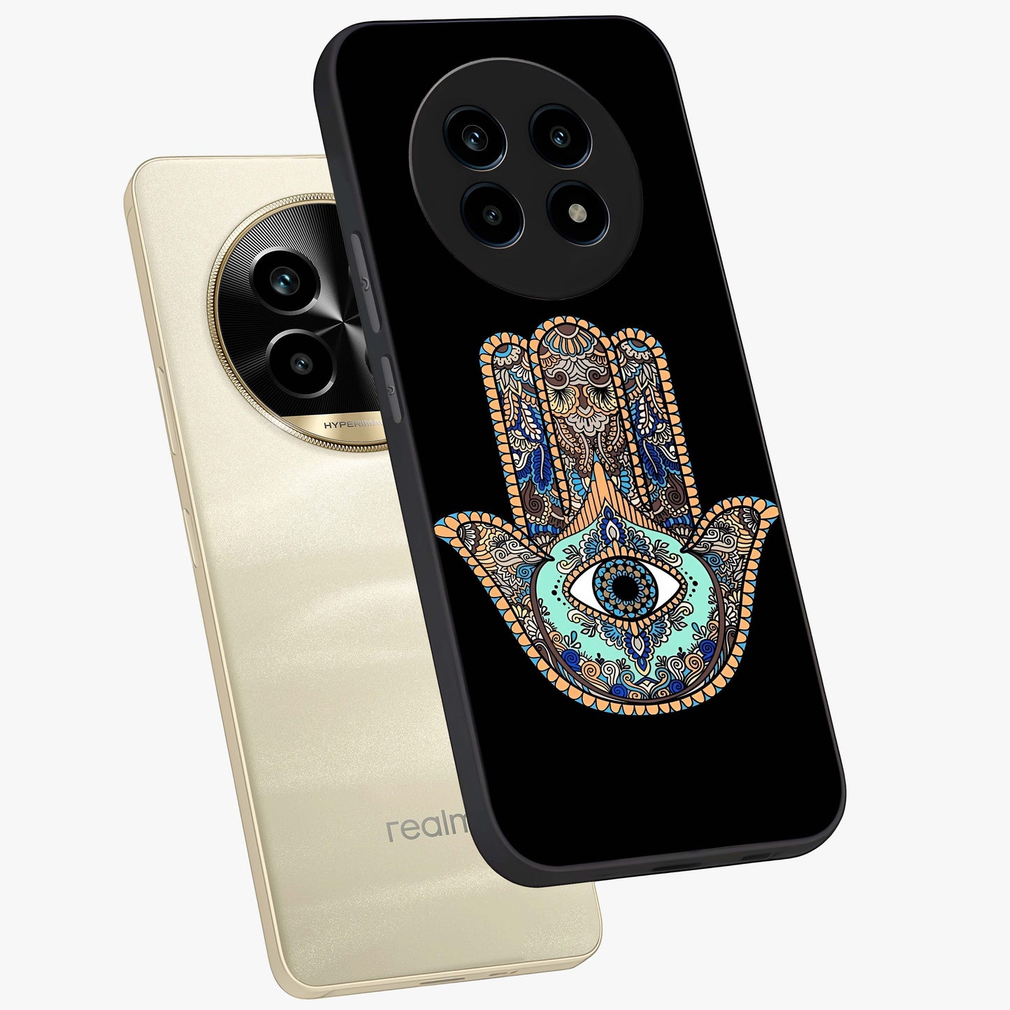 Mystic Hamsa Eye Glass Case displayed in angled mockup highlighting spiritual hamsa symbol with mystical aesthetic style.