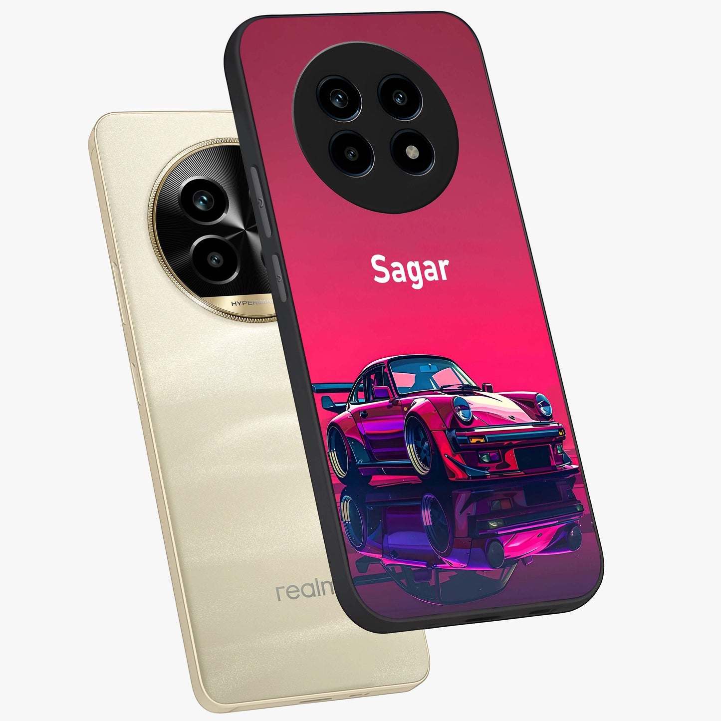 Neon Pink Porsche Glass Case displayed in angled mockup highlighting sleek neon pink car design with racing aesthetic.