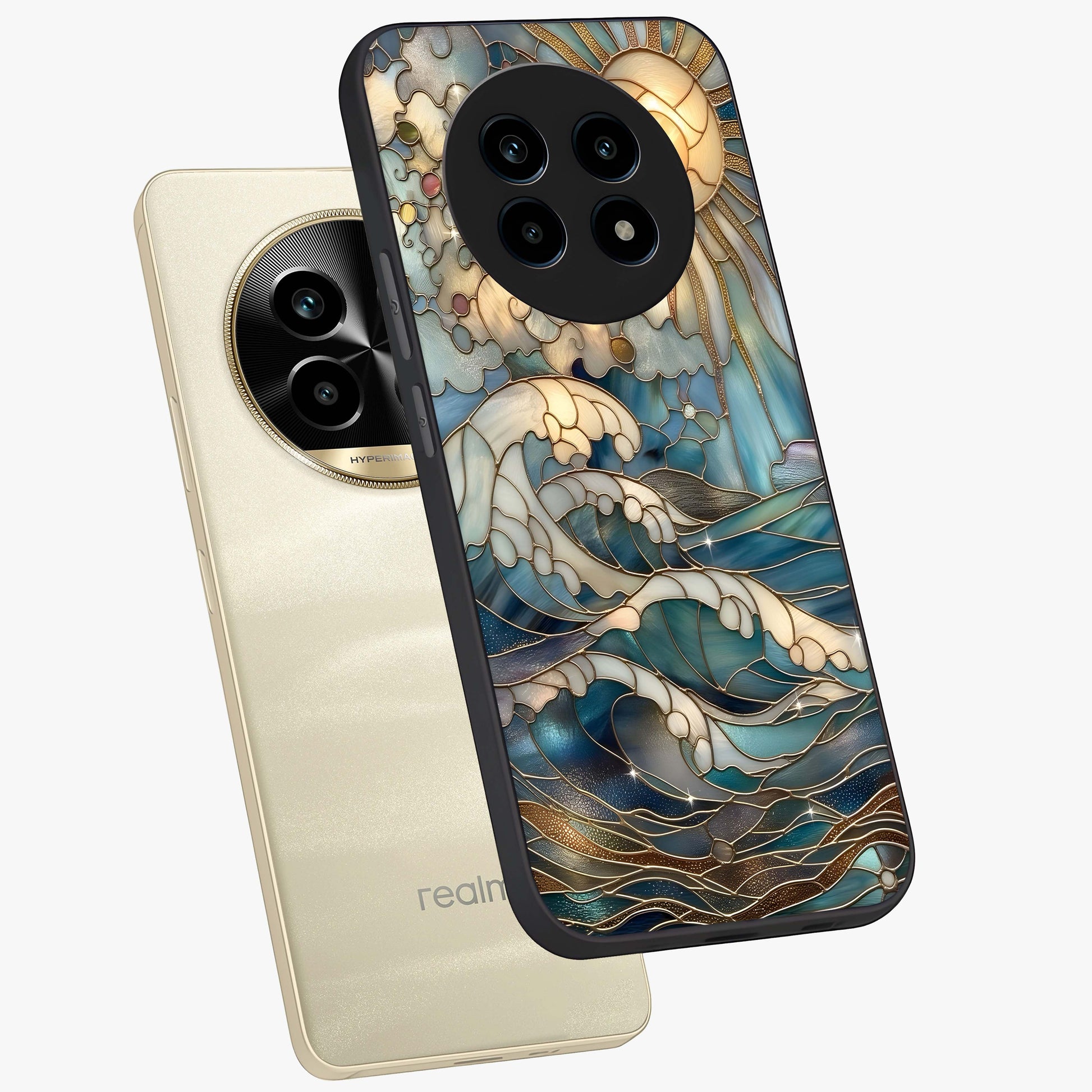 Oceanic Stained Printed Glass Case displayed in angled mockup highlighting colorful aquatic design with artistic aesthetic style.