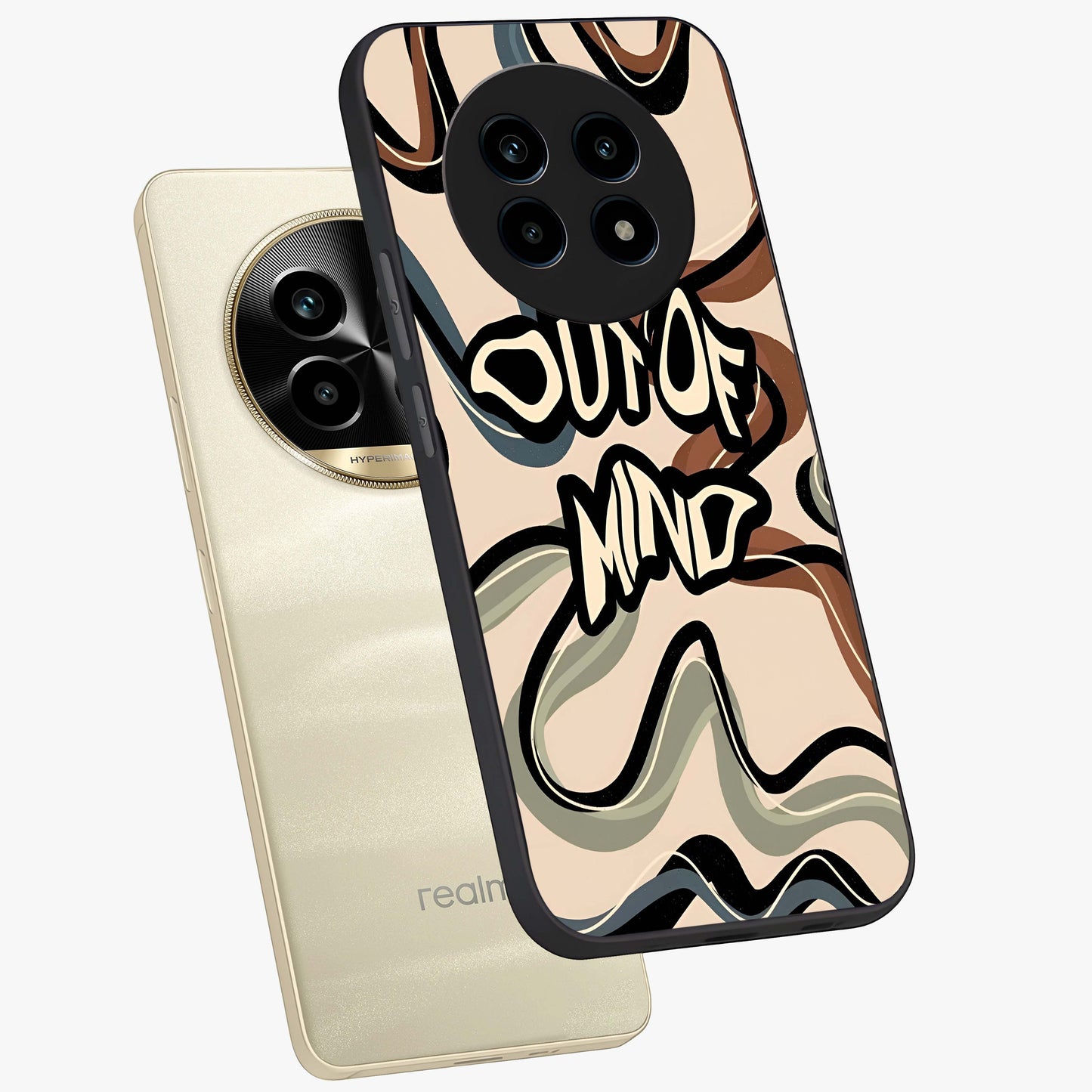 Out Of Mind Glass Case displayed in angled mockup highlighting bold statement design with modern artistic aesthetic.