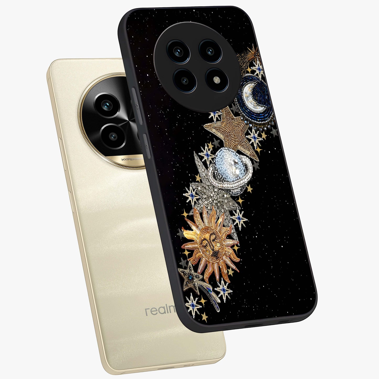 Pearls Universe Object Glass Case displayed in angled mockup highlighting celestial pearl design with dreamy aesthetic.