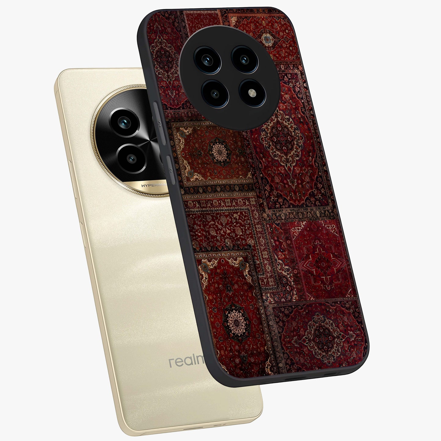 Persian Velvet Tale Glass Case displayed in angled mockup highlighting ornate textile inspired design with royal aesthetic.