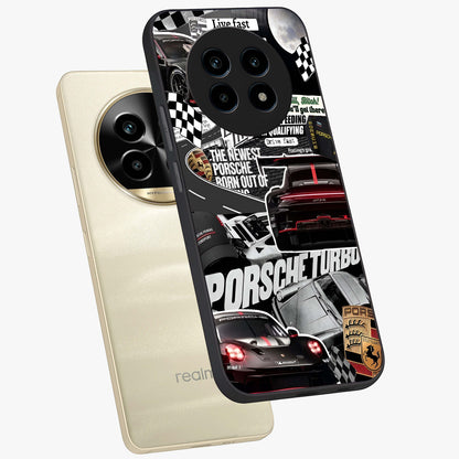 Porsche Racing Collage Glass Case displayed in angled mockup highlighting dynamic automotive design with bold racing aesthetic.