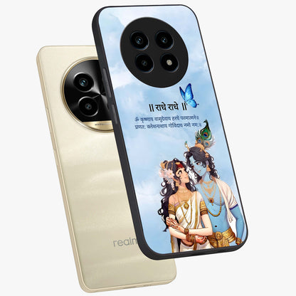 Radha Krishna Eternal Glass Case displayed in angled mockup highlighting divine Radha Krishna illustration with spiritual aesthetic.