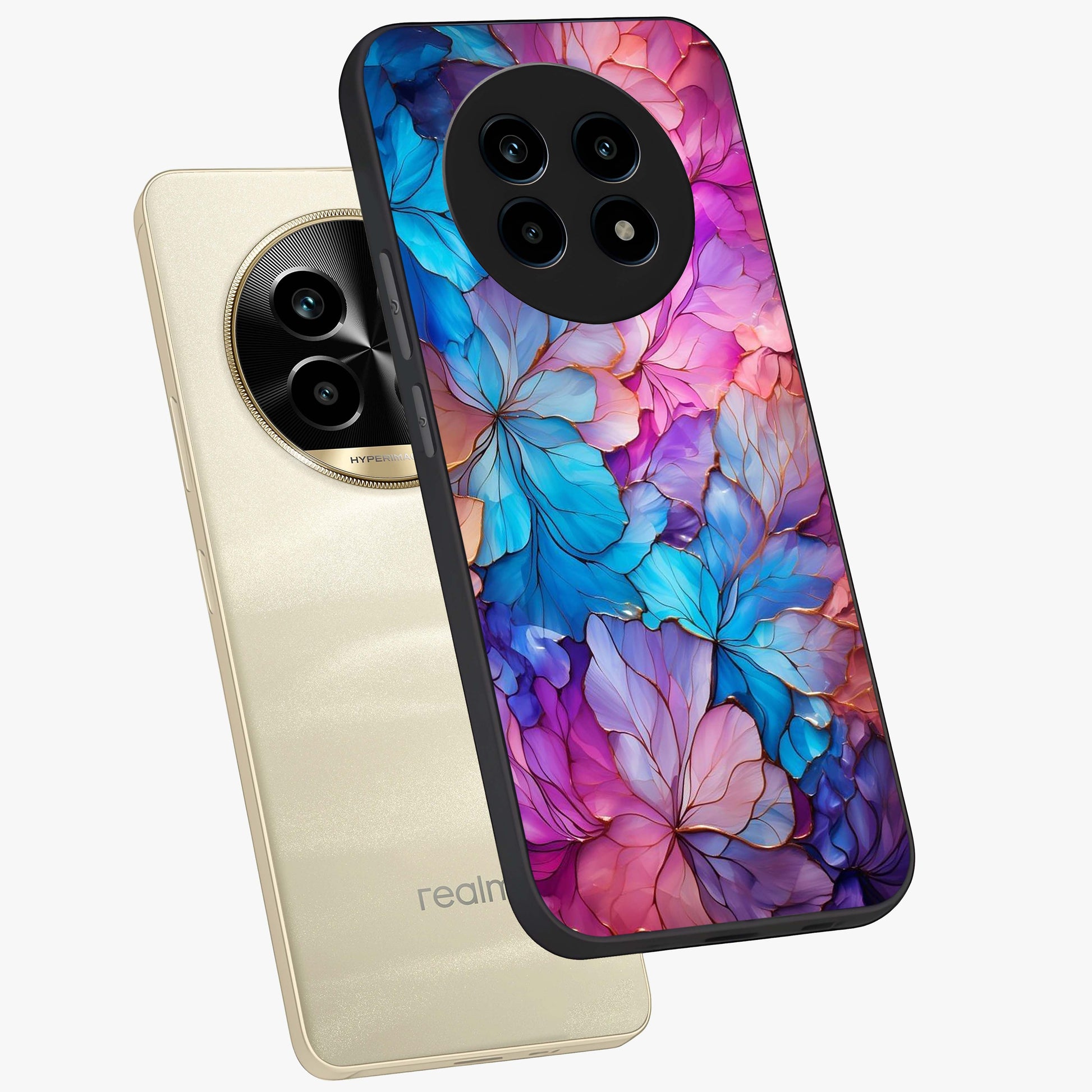 Radiant Floral Whirl Glass Case displayed in angled mockup highlighting vibrant flower pattern with dynamic artistic aesthetic.