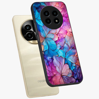 Radiant Floral Whirl Glass Case displayed in angled mockup highlighting vibrant flower pattern with dynamic artistic aesthetic.