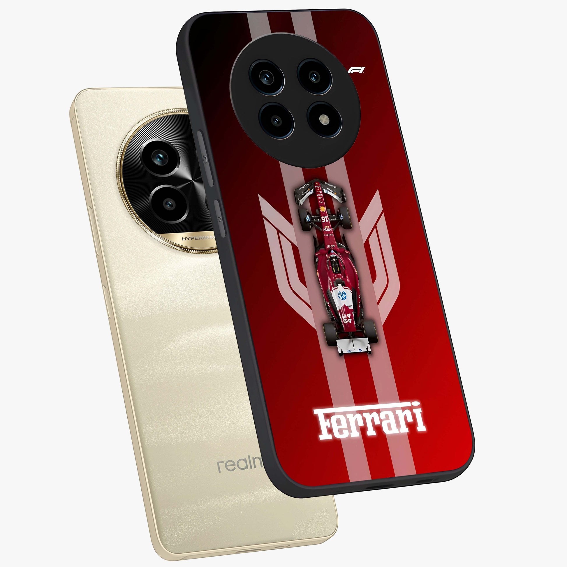 Red Ferrari F1 Vertical Glass Case displayed in angled mockup highlighting high speed racing design with bold automotive aesthetic.