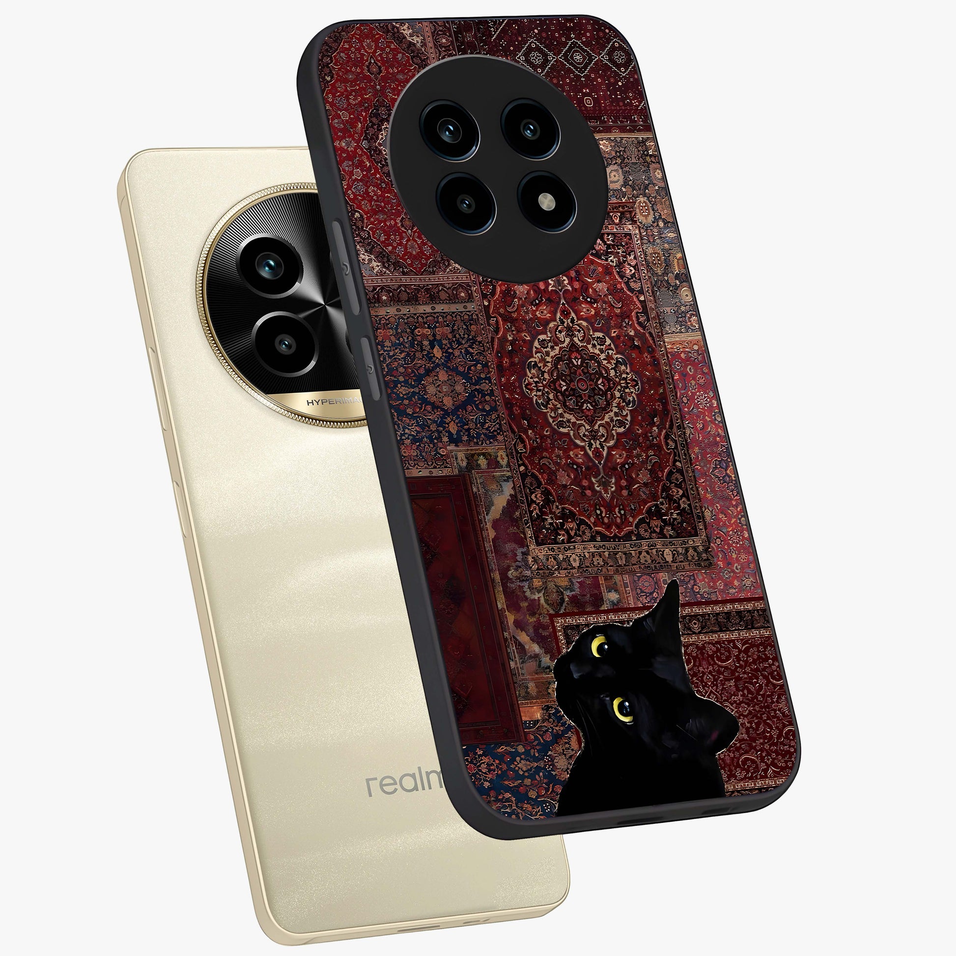 Regal Magic Cat Apple Glass Case displayed in angled mockup highlighting whimsical feline design with fantasy aesthetic.