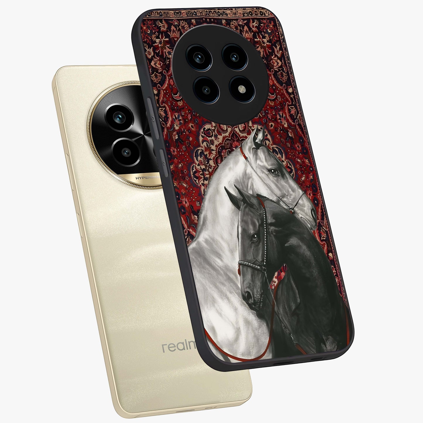 Regal Stallion Tapestry Glass Case displayed in angled mockup highlighting royal stallion design with decorative heritage aesthetic.