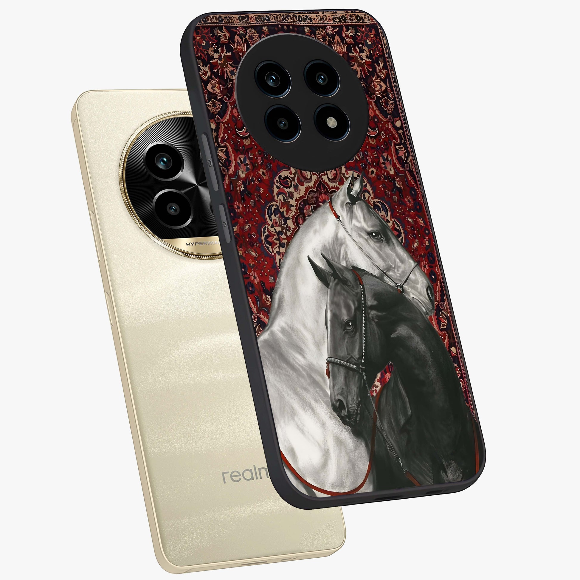 Regal Stallion Tapestry Glass Case displayed in angled mockup highlighting royal stallion design with decorative heritage aesthetic.