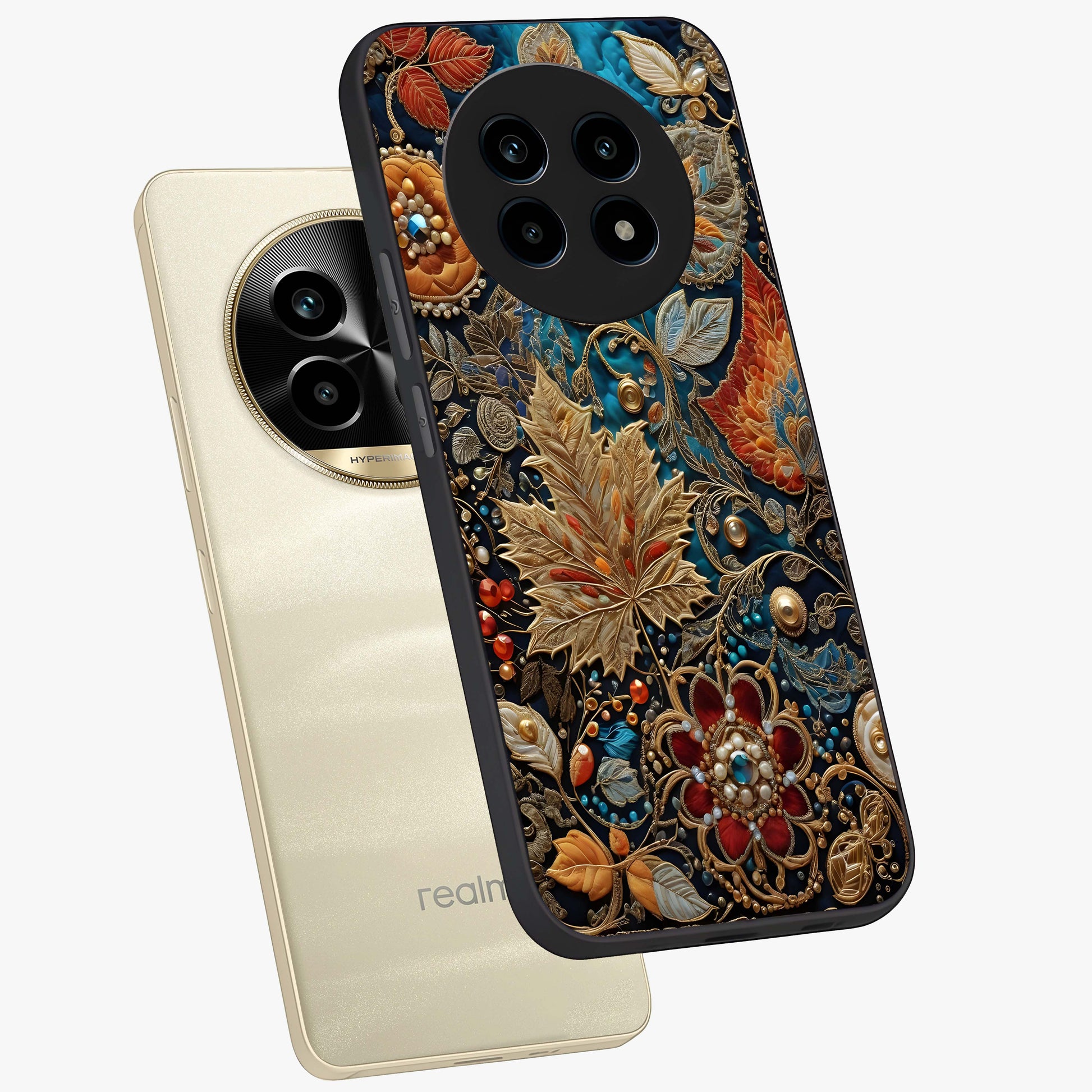 Royal Jewel Garden Glass Case displayed in angled mockup highlighting vibrant jewel inspired floral design with elegant aesthetic.