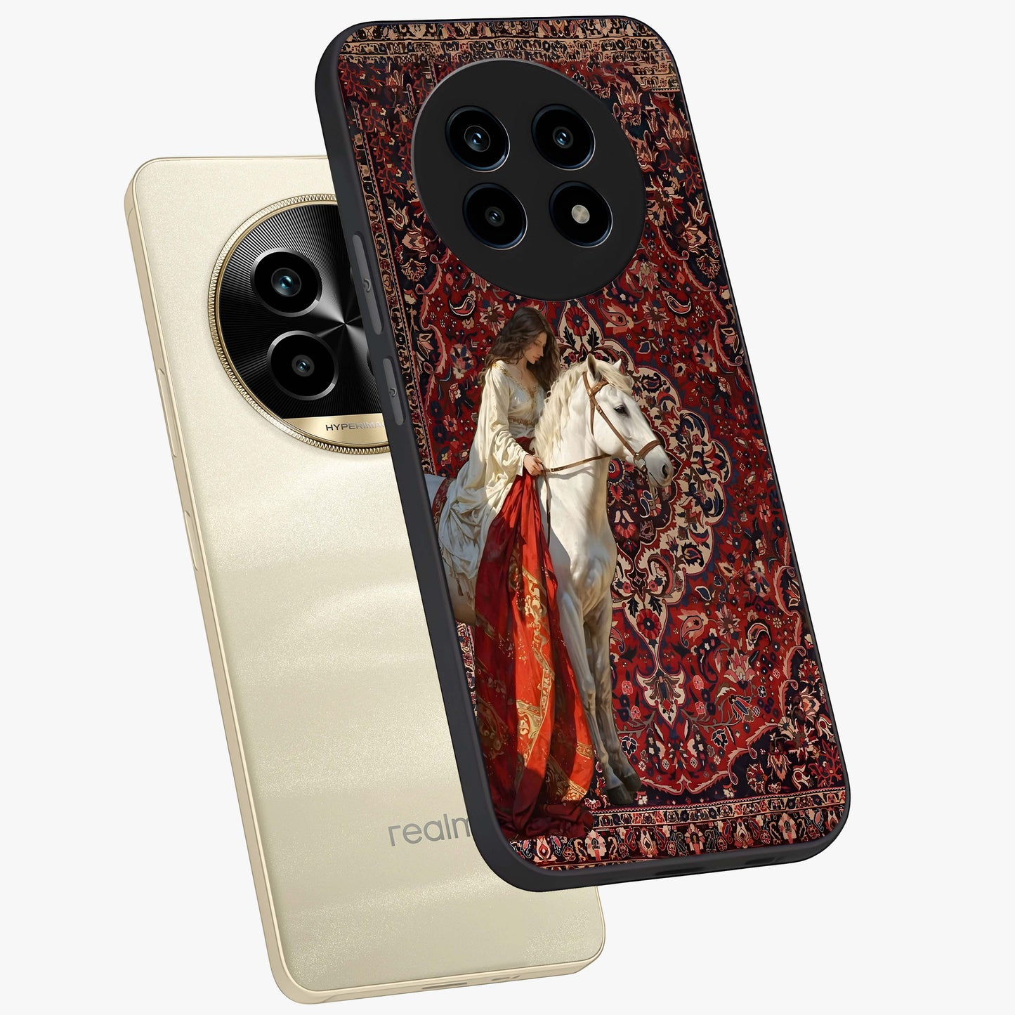 Royal Rider Tapestry Glass Case displayed in angled mockup highlighting traditional tapestry design with royal heritage aesthetic.