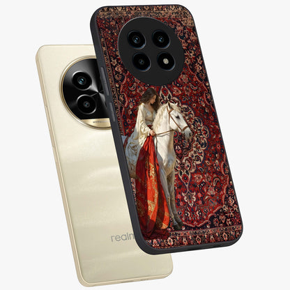 Royal Rider Tapestry Glass Case displayed in angled mockup highlighting traditional tapestry design with royal heritage aesthetic.