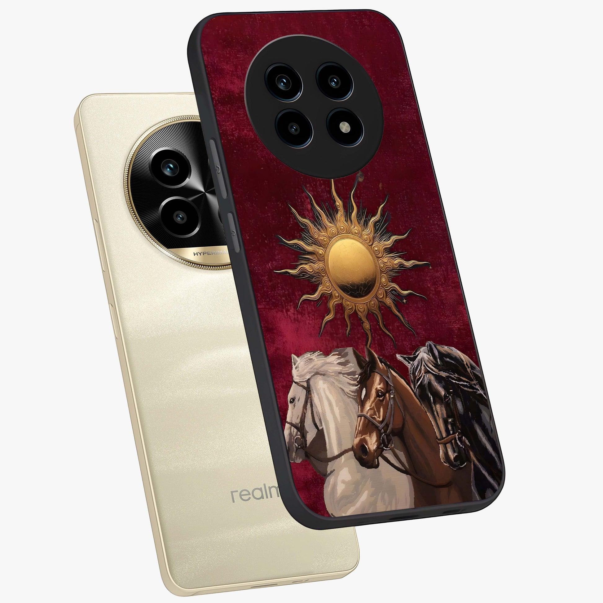 Solar Riders Glass Case displayed in angled mockup highlighting powerful rider illustration with radiant solar aesthetic.