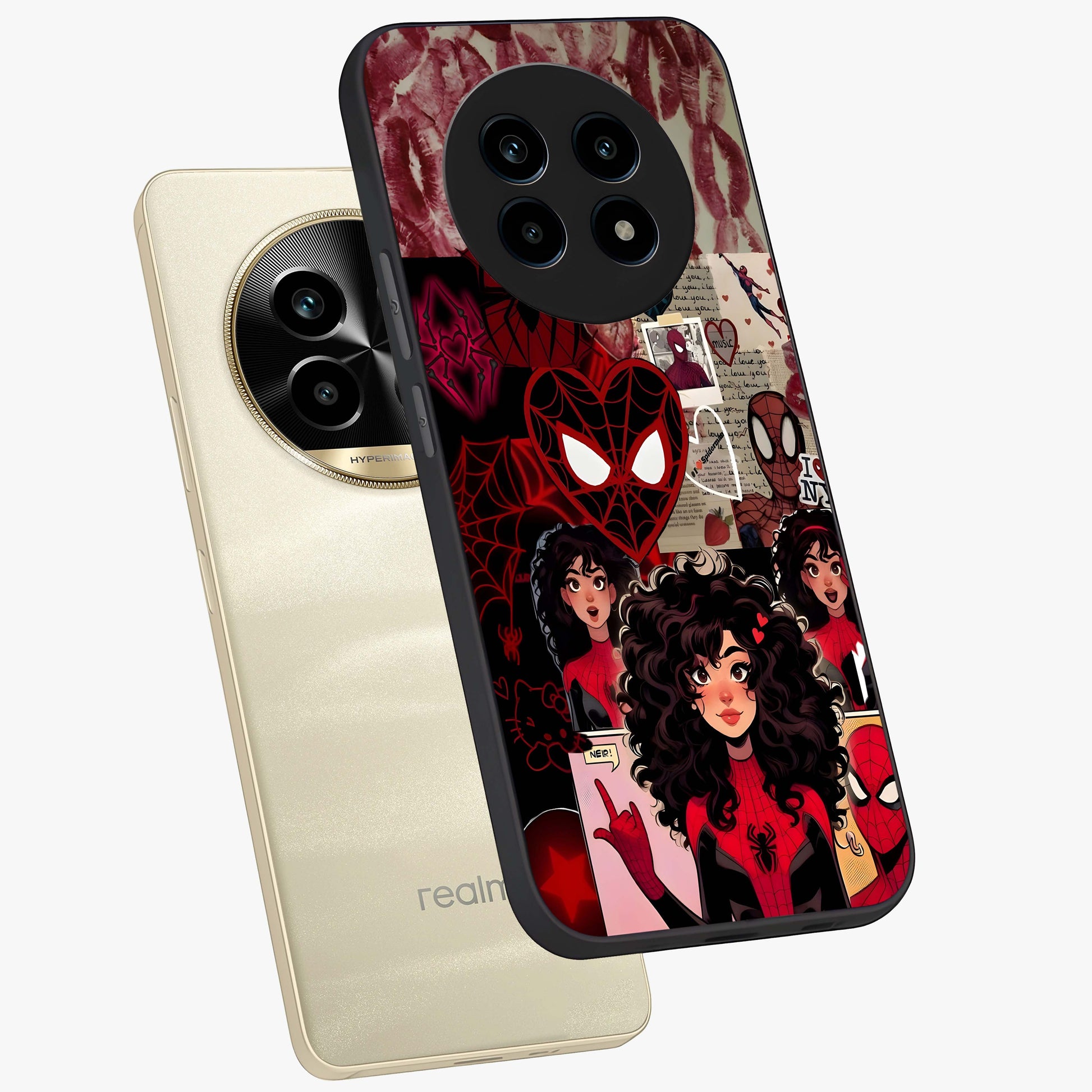 Spider Love Story Glass Case displayed in angled mockup highlighting expressive comic inspired design with playful aesthetic.