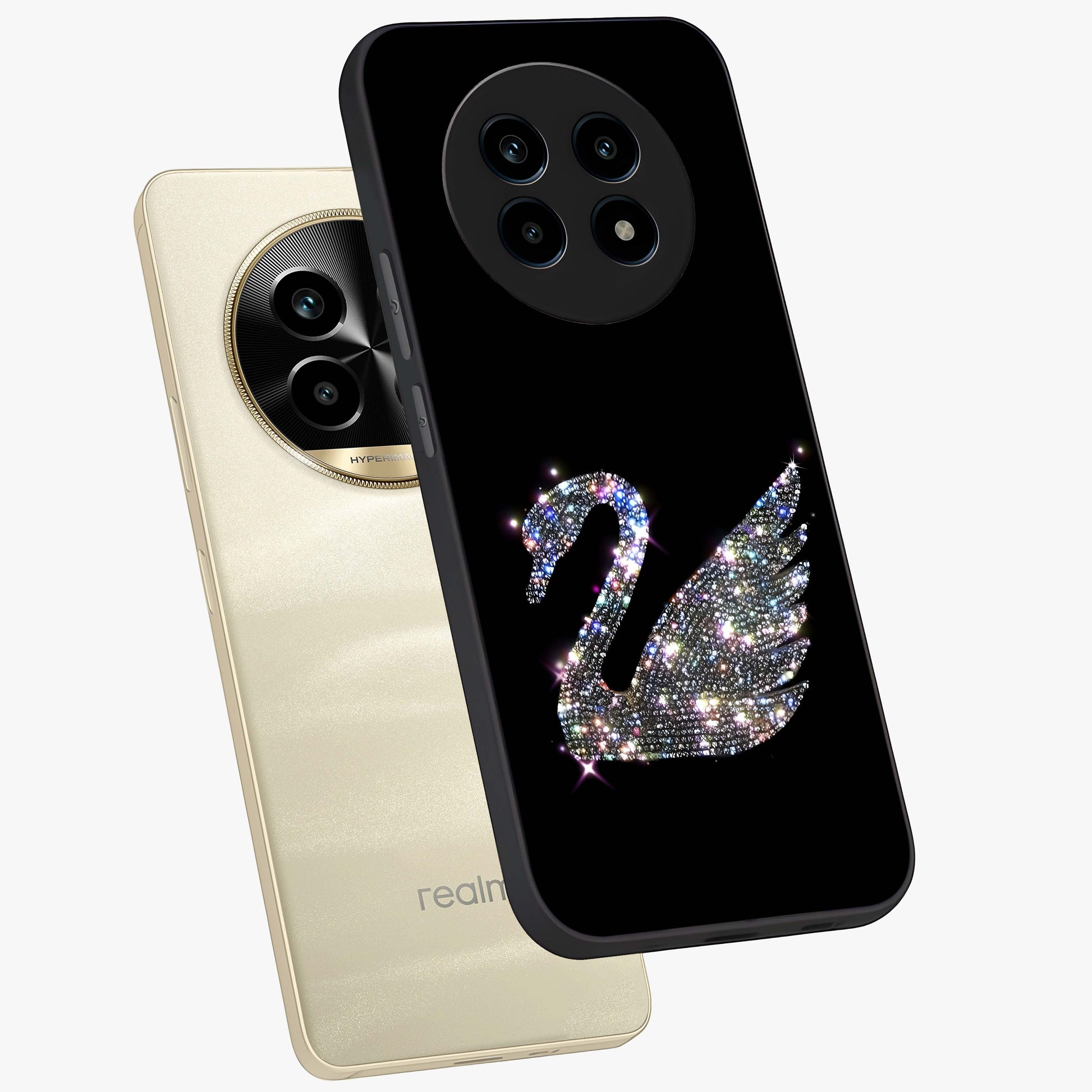 Starlit Swan Grace Glass Case displayed in angled mockup highlighting elegant swan illustration with dreamy celestial aesthetic.