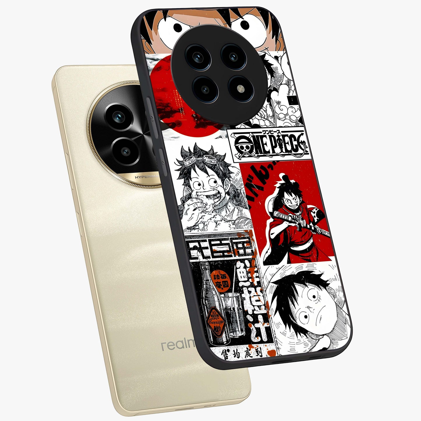 Strawhat Chaos Panels Glass Case displayed in angled mockup highlighting vibrant anime collage design with action aesthetic.