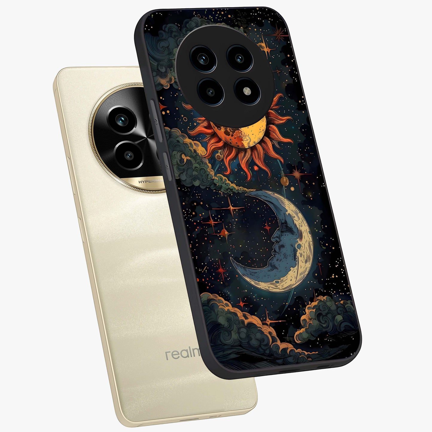 Sun And Moon Magic Design Glass Case displayed in angled mockup highlighting celestial design with magical cosmic aesthetic.