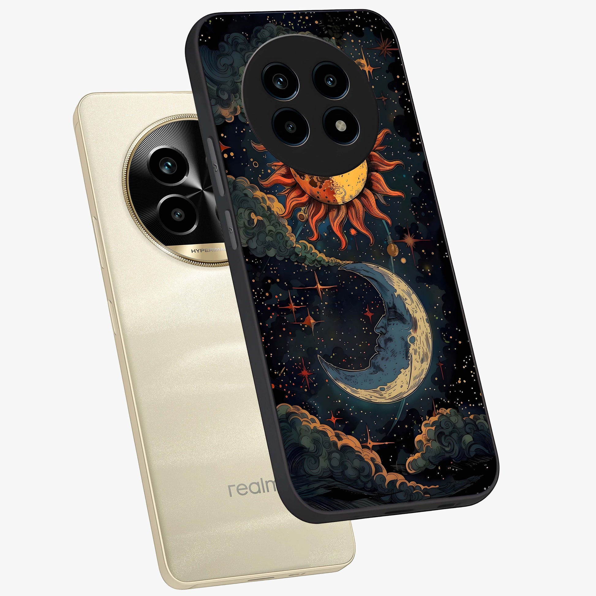 Sun And Moon Magic Design Glass Case displayed in angled mockup highlighting celestial design with magical cosmic aesthetic.