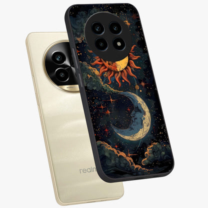 Sun And Moon Magic Design Glass Case displayed in angled mockup highlighting celestial design with magical cosmic aesthetic.