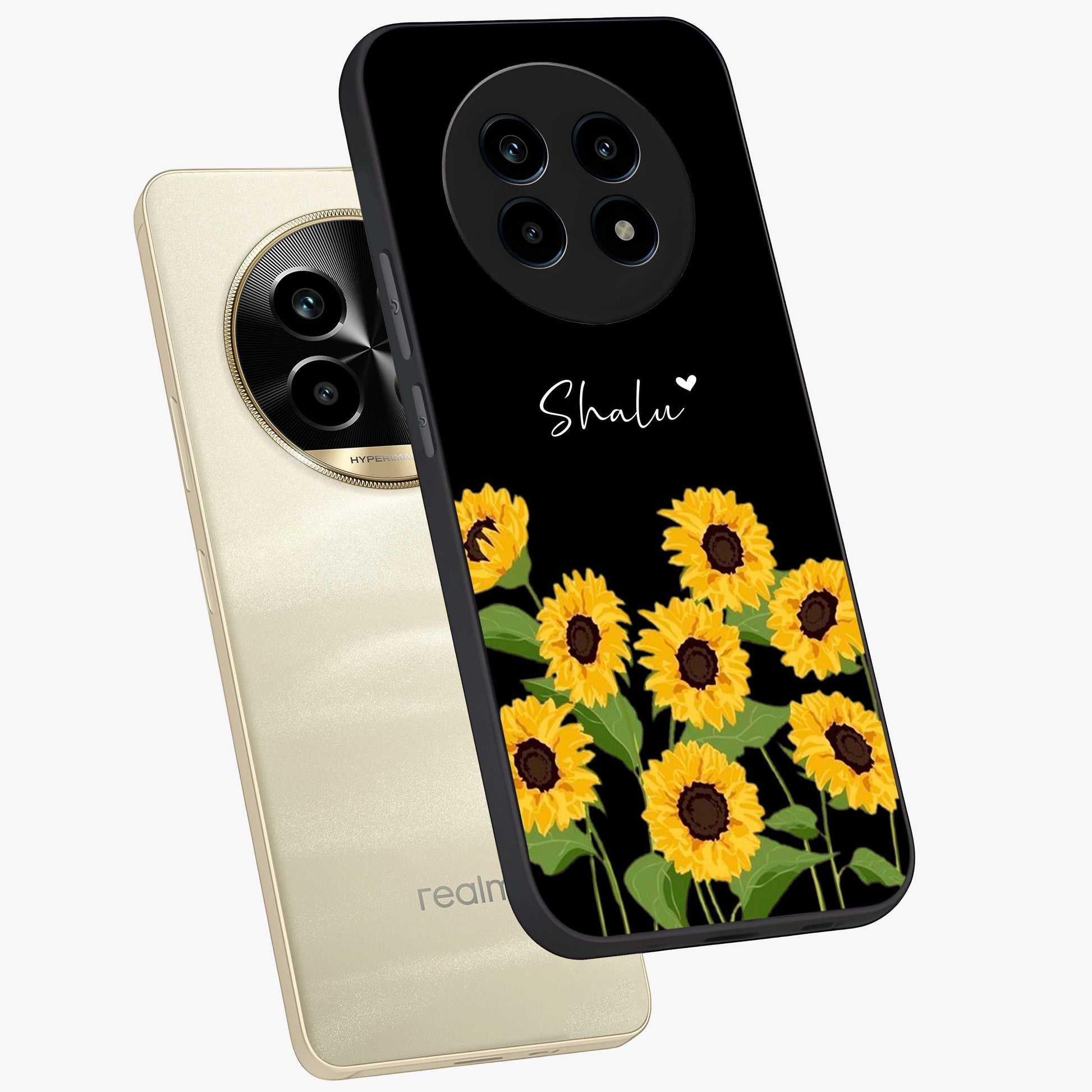 Sunflower Chic Mood Custom Name Glass Case displayed in angled mockup highlighting vibrant sunflower design with custom name feature.