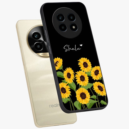 Sunflower Chic Mood Custom Name Glass Case displayed in angled mockup highlighting vibrant sunflower design with custom name feature.